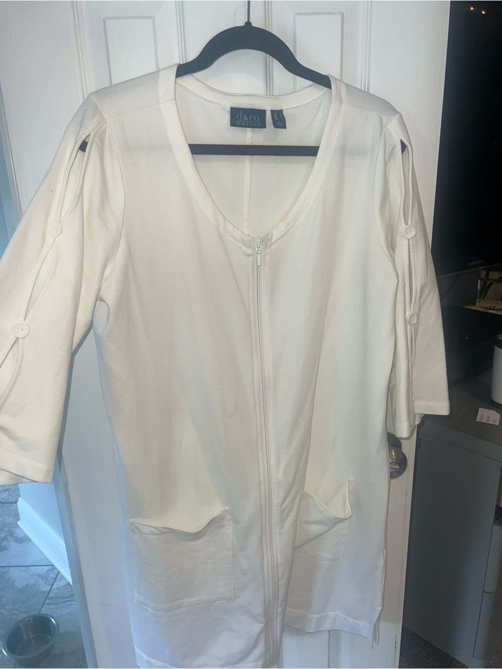d& co Cream Button-Sleeve Zip Front Jacket bathing suit coverup